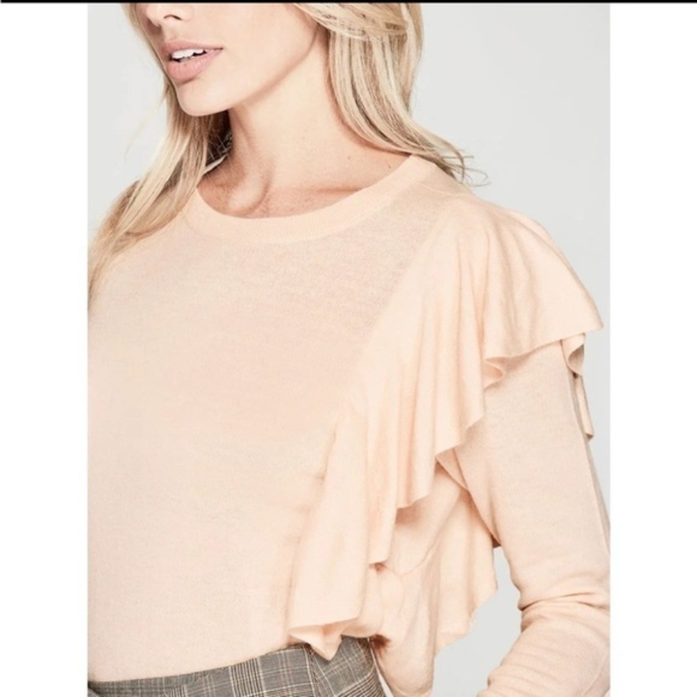 GUESS MARCIANO Ls Lena Ruffle Sweater wool blend size xs pale pink